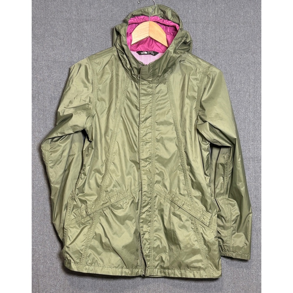 The North Face Girls Olive Green Pink Mesh Lined Hooded Rain Jacket Size L 14/16